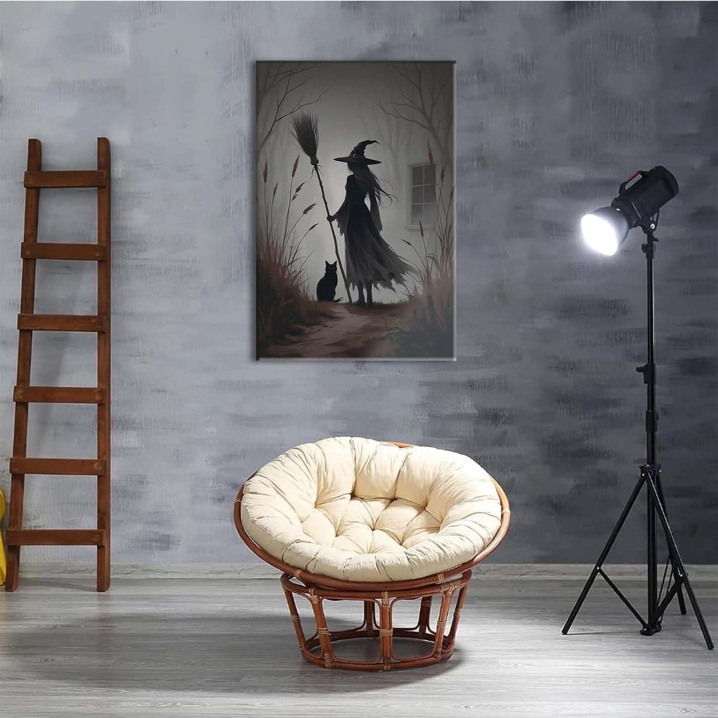 JFHCQJPK Vintage forest witch and black cat poster Halloween mural poster decoration mural art magic suitable for home living room bedroom20x30in Frameless