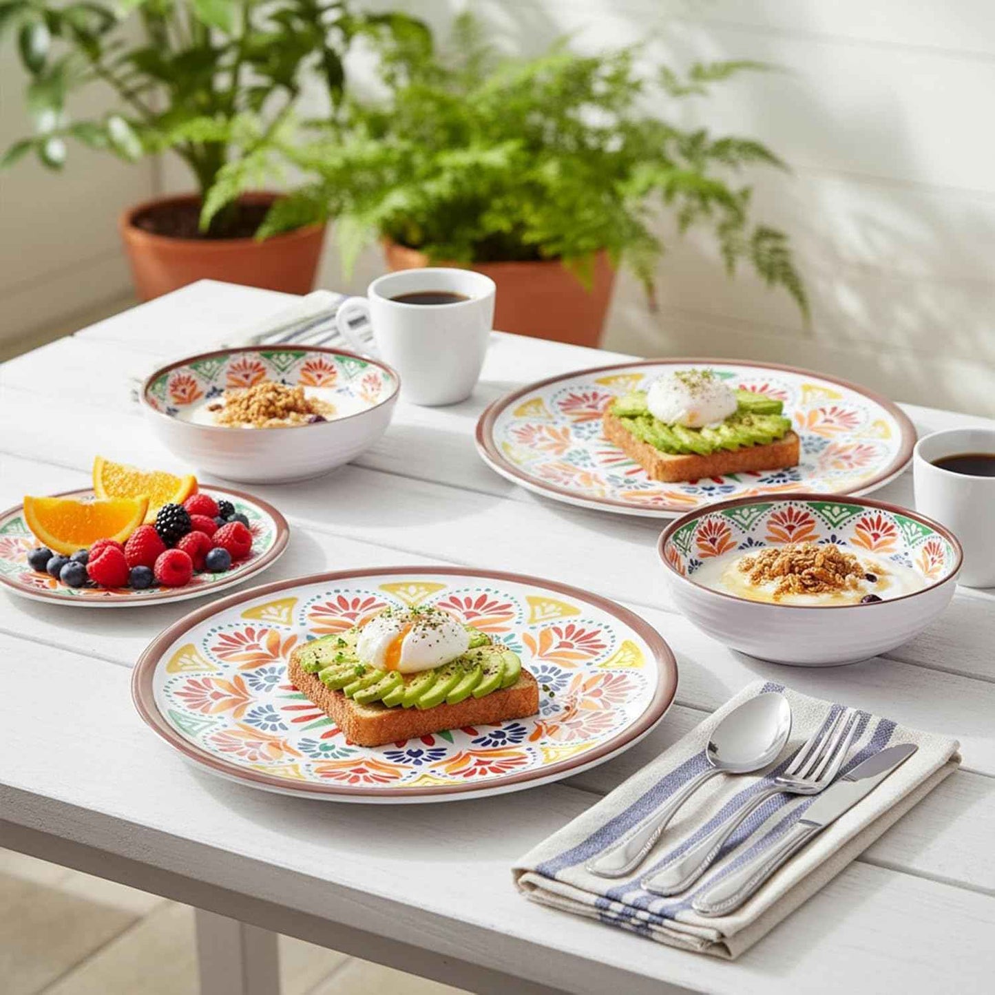 12-Piece Melamine Dinnerware Set,Service for 4, Durable Plate and Bowl, Floral Pattern Tableware for Parties & Home, Dinner Salad Dessert Plates, and Cereal Bowls Set,Housewarming Wedding Gift - Brown