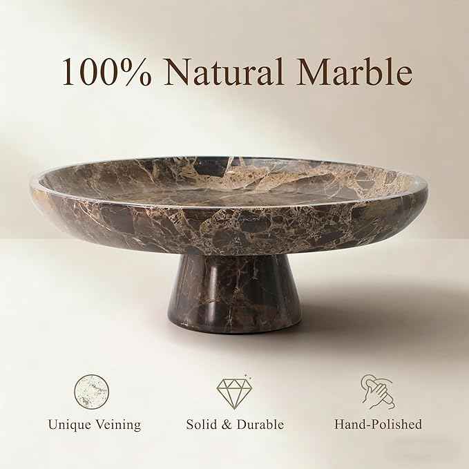 YMXYJM Natural Marble Fruit Bowl for Kitchen Counter 10.2", Large Decorative Bowl Pedestal for Home Decor, Fruits Holder For Dining Table, Brown