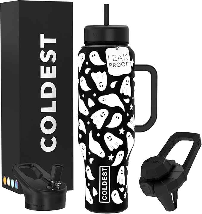 Coldest Tumbler with Handle and Straw - 100% Leak Proof Insulated Tumbler with Lid and Straw (3 Lids) - Stainless Steel Tumblers for Women & Men - Cup Holder Friendly Base, 46 oz (Ghosts)
