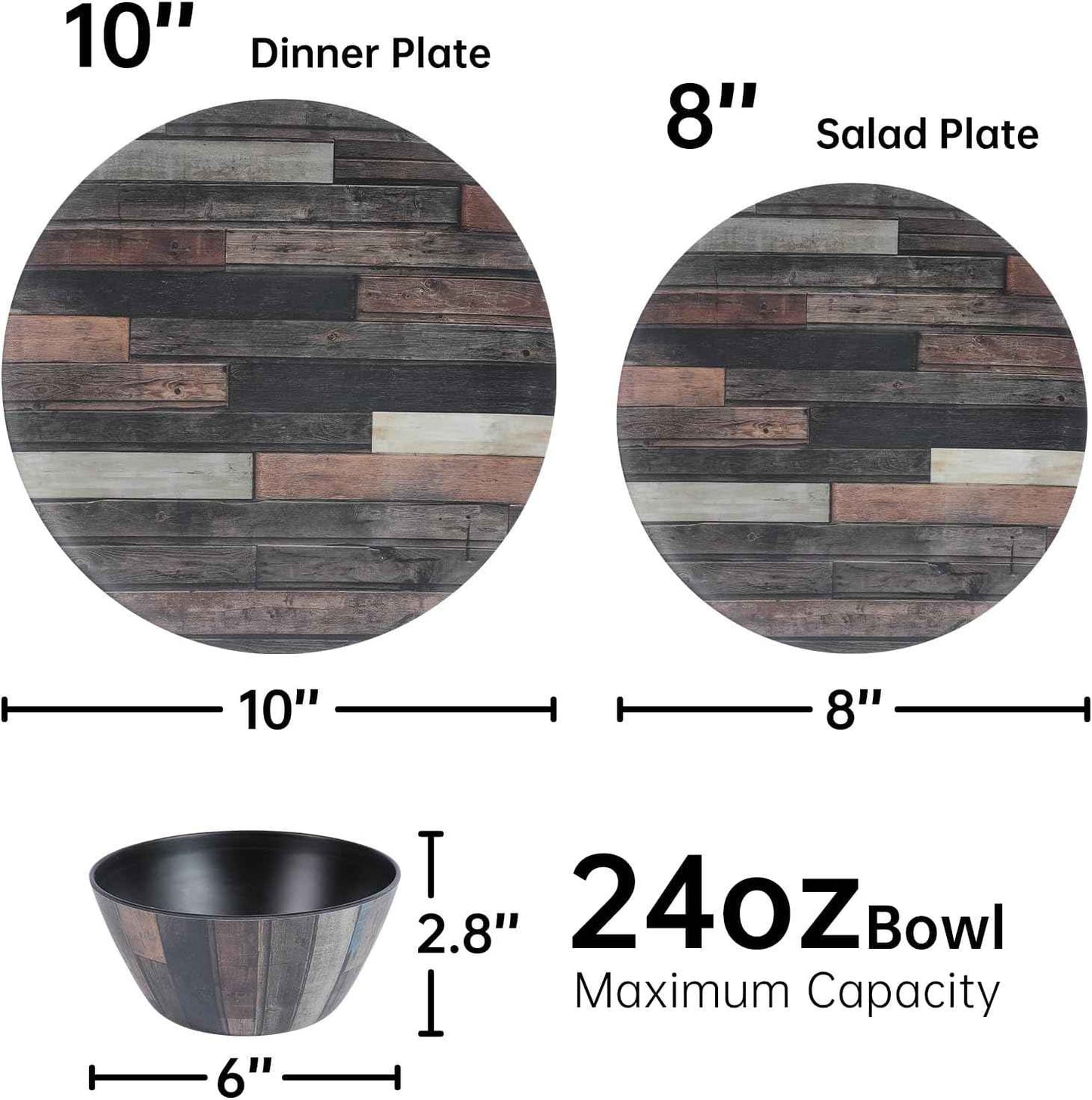 Webbylee Melamine Dinnerware Sets 12 Piece Wood Grain - Unbreakable Plates and Bowls, Lightweight Heavy Duty, Dishwasher Safe for Outdoor Camping Party Indoor Gift