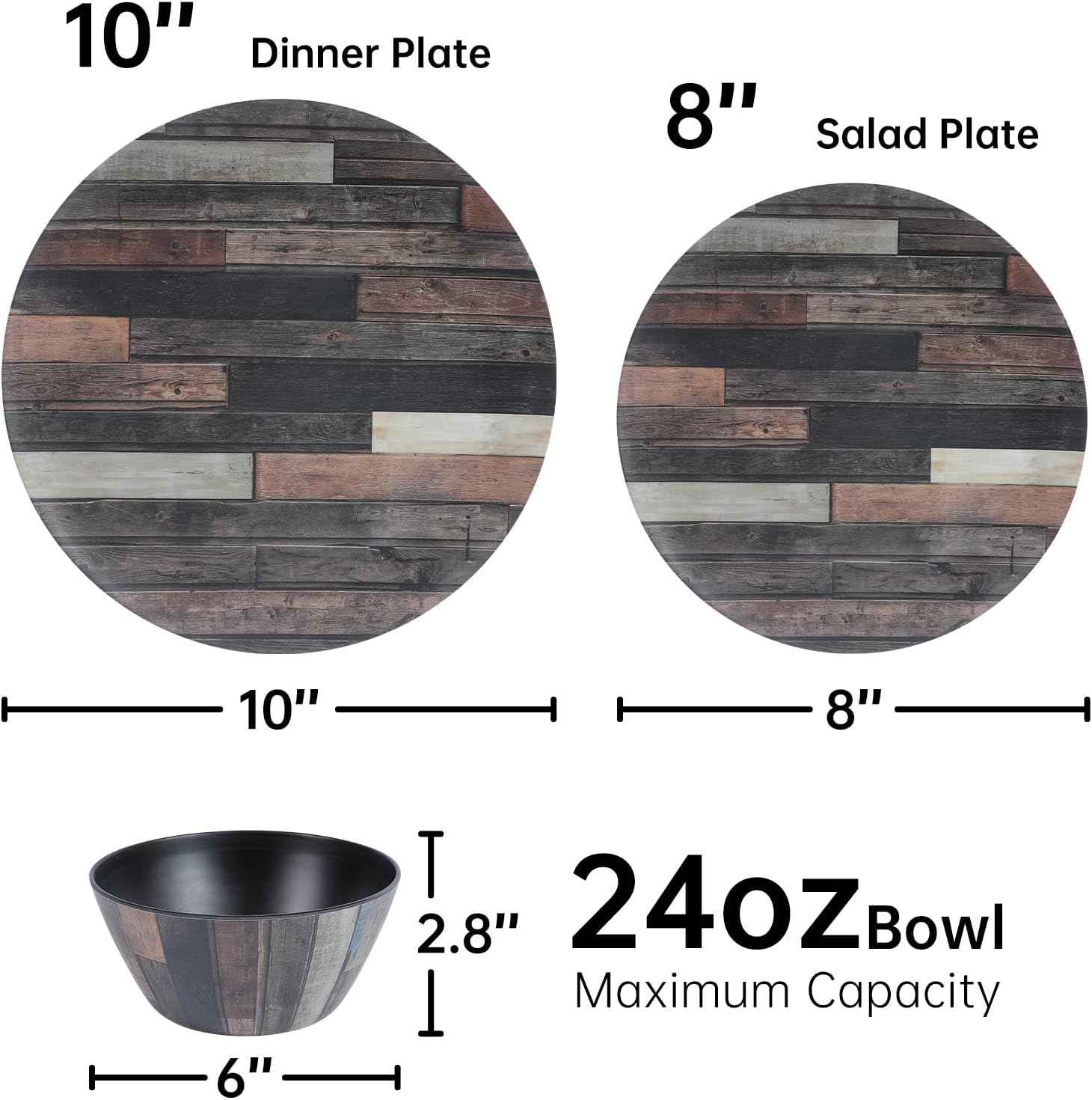 Webbylee Melamine Dinnerware Sets 12 Piece Wood Grain - Unbreakable Plates and Bowls, Lightweight Heavy Duty, Dishwasher Safe for Outdoor Camping Party Indoor Gift