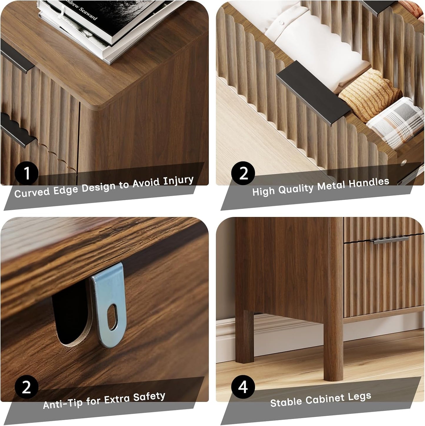 47 Inch Tall Dressers for Bedroom Fluted 5 Drawer Dresser, Wooden Dresser Modern Chest of Drawers Dressers with Organizer Storage for Bedroom, Living Room, Entryway, Walnut
