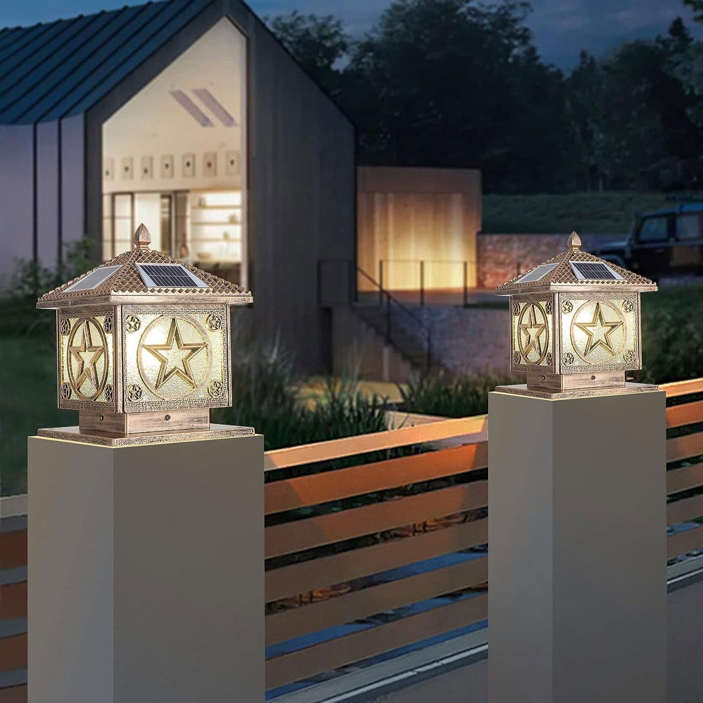 SLAWA Outdoor Solar Post Cap Light 9.8In Bronze Column Lights Square Waterproof Landscape Lighting with Remote Pillar Lamps Fence Deck Cap Light Solar Power Lantern Porch Mailbox Lawn Porch Fixture
