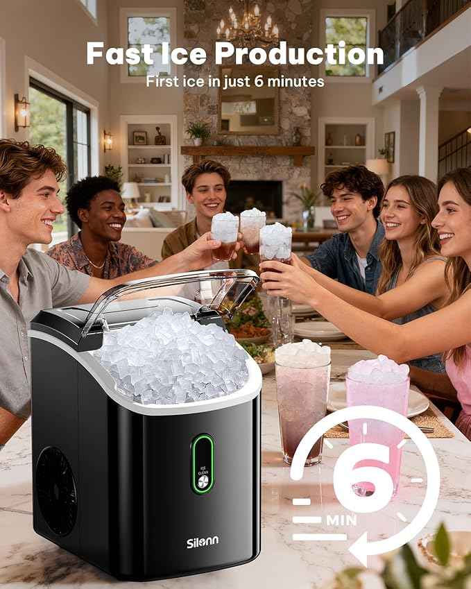 Silonn Nugget Ice Maker Countertop, Pellet Ice Machine with Self-Cleaning Function, Sonic Ice Maker Produces 33lbs of Chewable Ice in 24 Hours, Ideal for Home Kitchen and Office (Black)