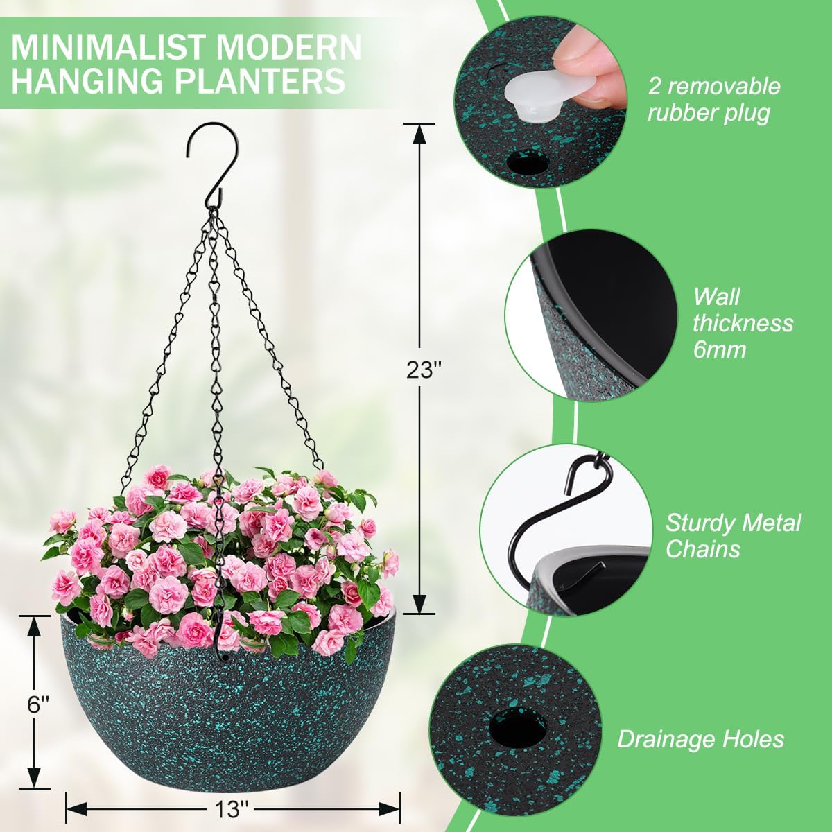 10 inch Hanging Planters for Indoor Plants, 2 Pack Planters for Outdoor Plants with Drainage Holes and Chain, Round Plastic Hanging Baskets, Hanging Flower Pots for Balcony Garden Decor-Black Speckle