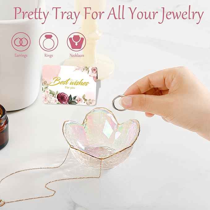 White Flower Jewelry Dish Glass Ring Dish Jewelry Tray Cute Vanity Organizer Room Decor Aesthetic Nightstand Bathroom Decor Trinket Dish Ring Holder Jewellery Tray Valentine's Birthday Gifts for Women