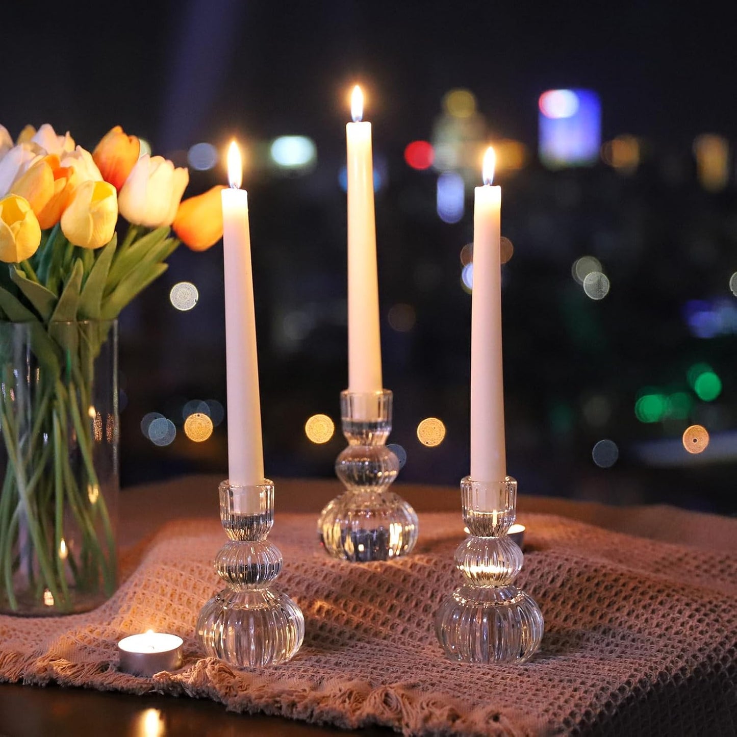 Woho Clear Taper Candle Holders 4.3" H Set of 3 for Wedding Table, Ribbed Glass Candlestick Holders for Daily Home Decor, Vintage Candle Sticks Holder Decor for Thanksgiving Christmas