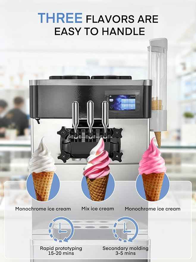 Commercial Ice Cream Machine 5.8-7.9 Gal/h, 3 Flavors Soft Serve Ice Cream Machine with 14L Hopper, Auto Clean Ice Cream Maker With Touch LCD Panel for Snack Restaurants Bars, 2200W