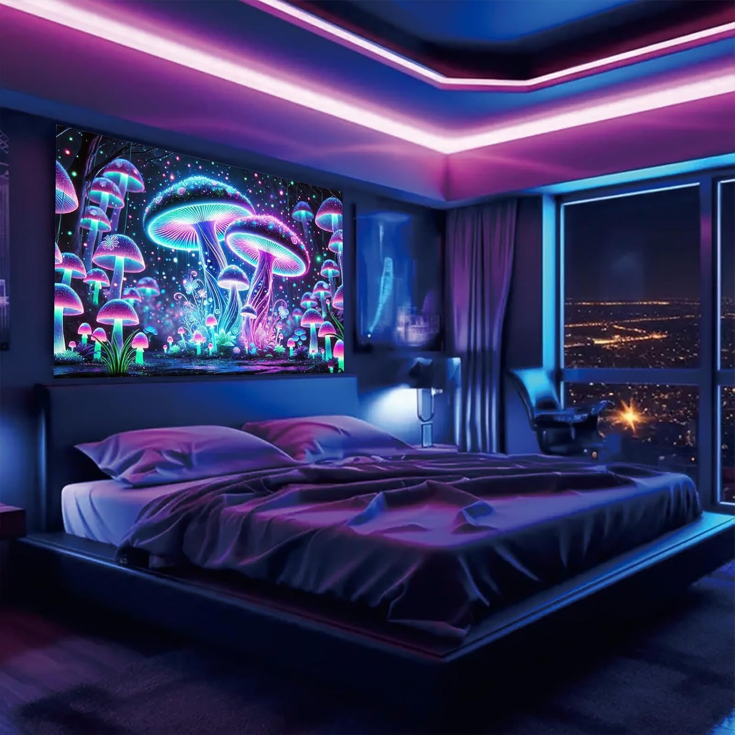 Starlit Patio Blacklight Mushroom Tapestry UV Reactive Trippy Glowing Wall Hanging Tapestry for Bedroom Living Room Dorm Aesthetic Psychedelic Forest Decor Fluorescent Poster Large 78 x 59 Inch