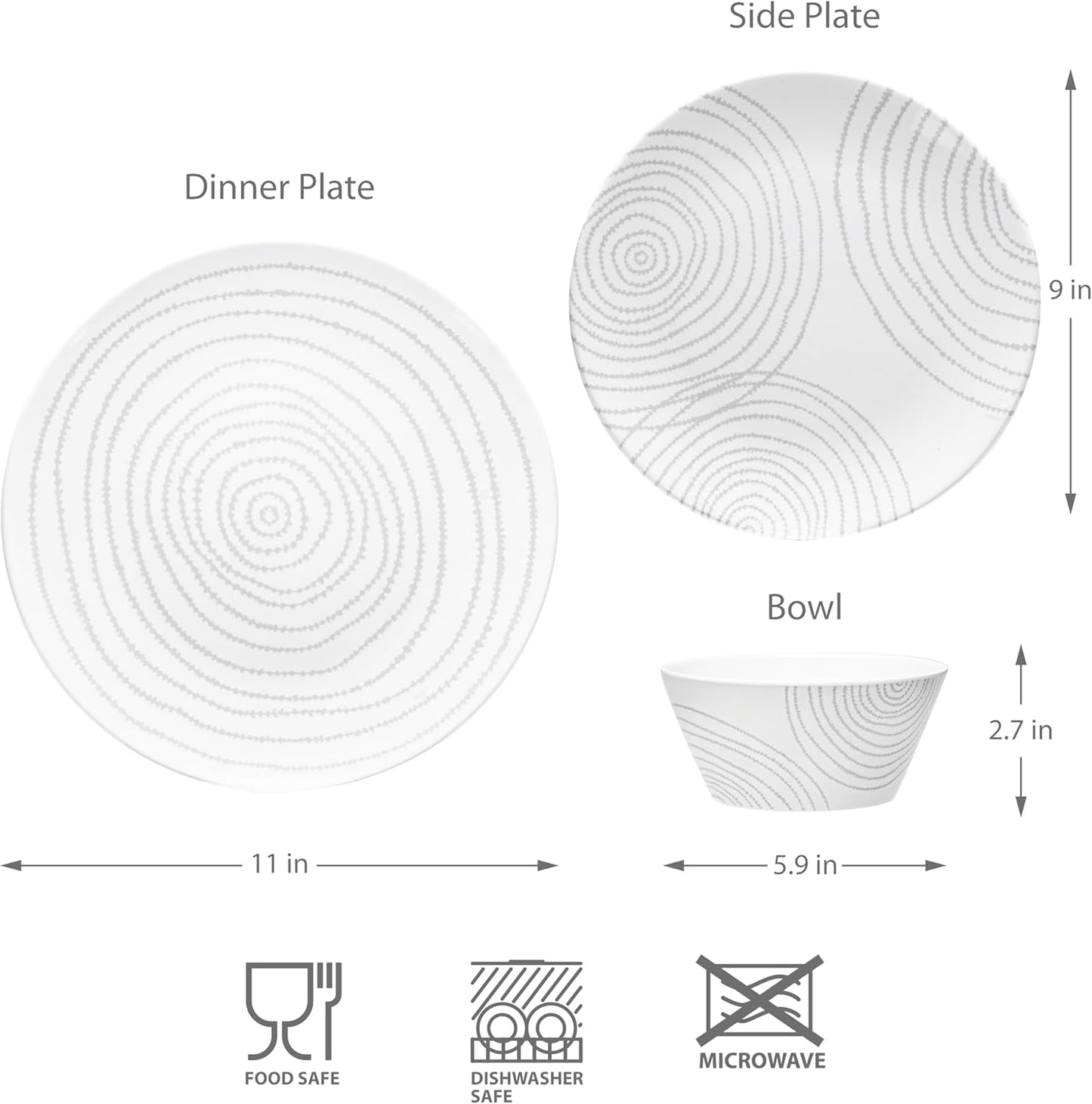 BZYOO BPA-Free Dishwasher Safe 100% Melamine Plastic Plate & Bowl Set Casual dining Indoor and Outdoor Dining Party (12 PCS Dinnerware set, Service for 4, white planet)