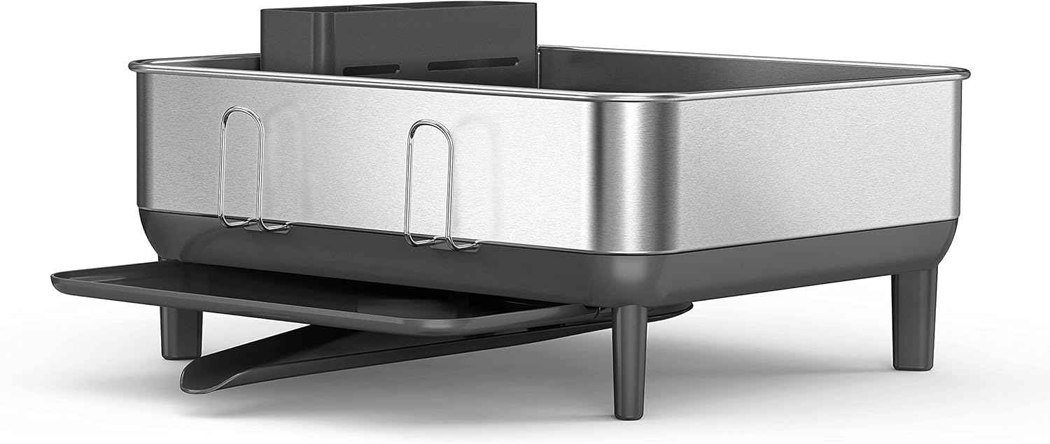 simplehuman Steel Frame Dishrack, Compact Dish Drying Rack for Small Kitchens, 360º Easy Drain Swivel Spout, Anti-Residue Coating, Moisture Control Surface, Brushed Stainless Steel