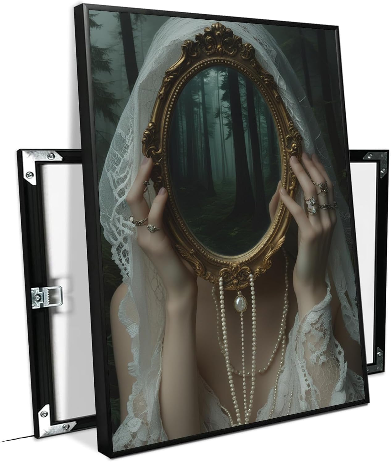 Mirror face covering dark art poster print melancholy gothic painting vintage feminine print victorian style decoration antique art24x36in Metal blackFramed