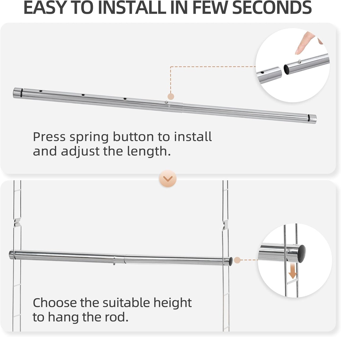 STORAGE MANIAC Hanging Closet Rod, Adjustable Width and Height Closet Hanging Organizer, Space-Saving Clothes Hanging Bar, Closet Extender Hanging Rod Double Closet Hanging Rod, 2 Pack Chrome