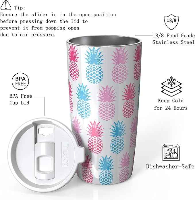 TILUCK 20 oz Insulated Tumbler with BPA-Free Lid, Stainless Steel Vacuum Travel Coffee Mug, Double Wall Coffee Tumbler（20oz，Pineapple）