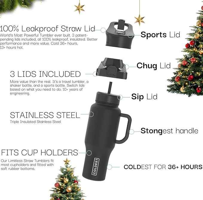 Coldest Tumbler with Handle and Straw, 100% Leak Proof Insulated Tumbler with Lid and Straw (3 Lids), Stainless Steel Tumblers for Women & Men, Cup Holder Friendly Base, 46 oz (Wine & Willow)