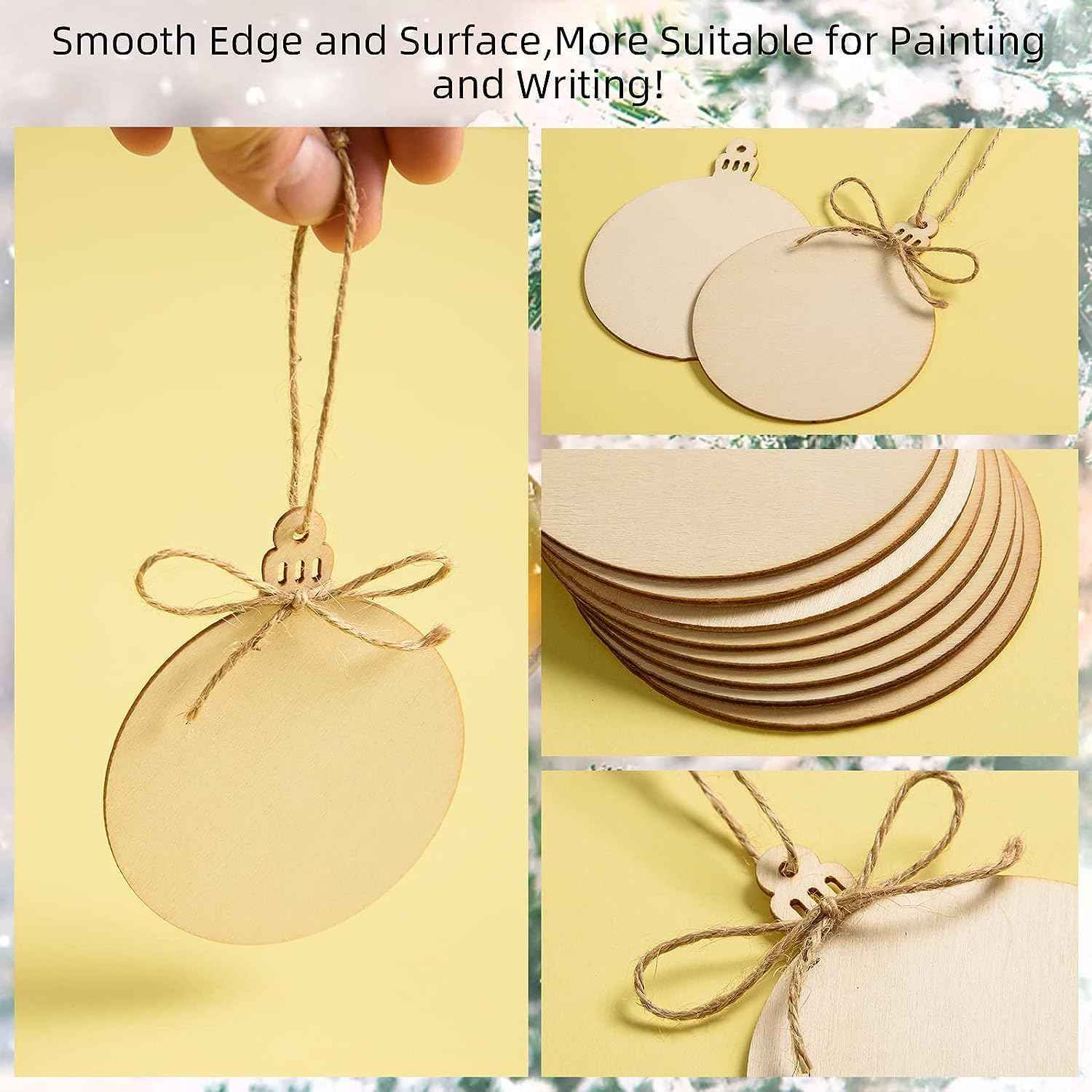 72 Pcs Unfinished Wooden Circles with Holes - Blank Round Wood Discs Slices - Wooden Christmas Hanging Ornaments with Twine for DIY Crafts Present Tags Xmas Party Decor, 3.1x4