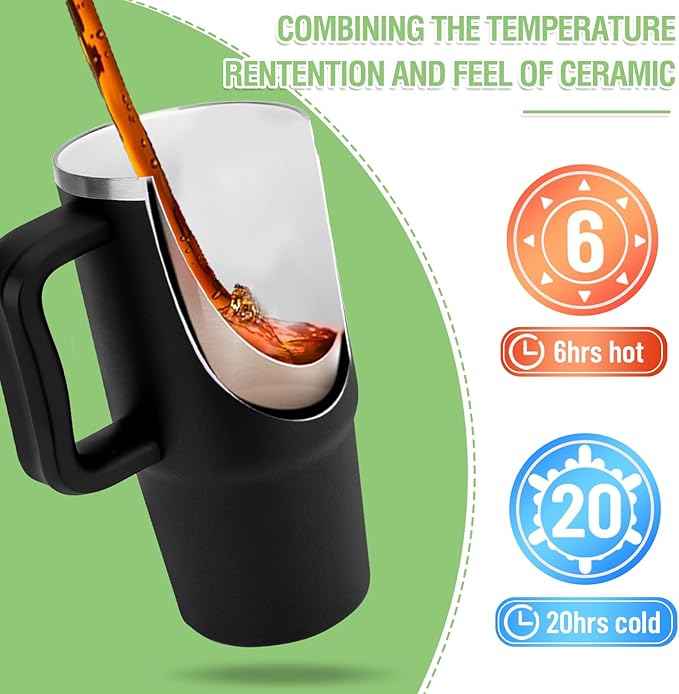 Zukro 24 oz Ceramic Lined Tumbler with Handle and Straw, No Metal Taste, Insulated Stainless Steel Coffee Mug with Spill Proof Lids for Home/Office, No Sweat, Keep Drinks Hot or Cold, Black