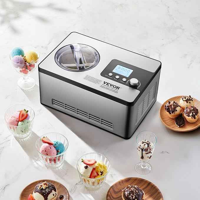 VEVOR Automatic Ice Cream Maker with Built-in Compressor, 2 Quart No Pre-freezing Fruit Yogurt Machine, Stainless Steel Electric Sorbet Maker, 3 Modes Gelato Maker with LCD Display & Timer, Silver