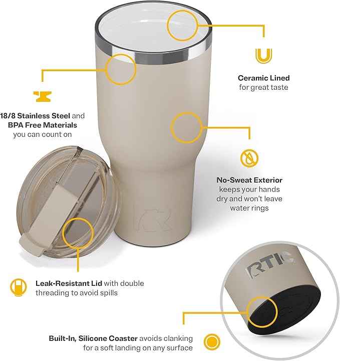 RTIC 40oz Essential Tumbler with Lid, Ceramic Lined, Insulated, Stainless Steel, Metal, Double Wall Vacuum-Insulation, Travel Cup for Iced Coffee, Tea, Hot and Cold Drink, Beach