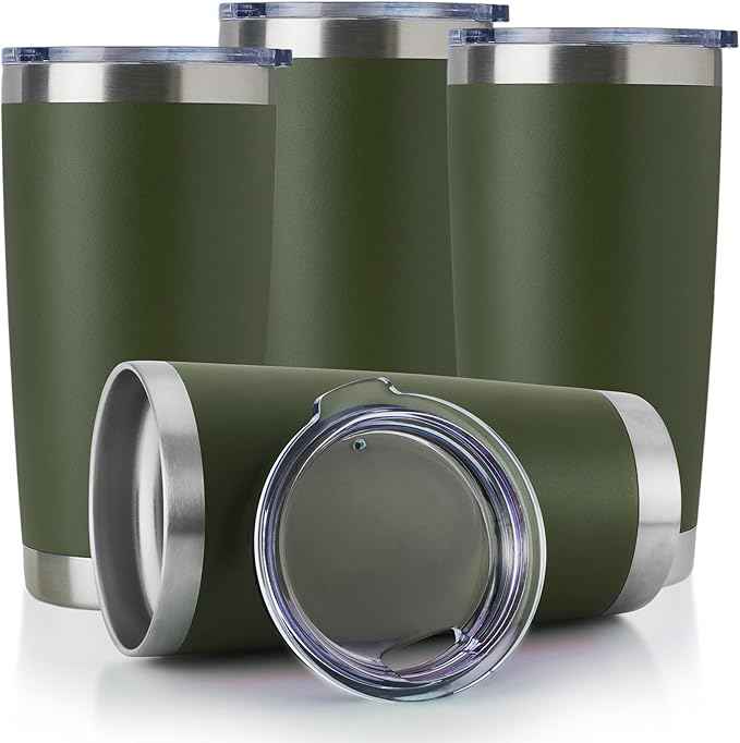 DOMICARE 20oz Stainless Steel Tumbler Bulk with Lid, Double Wall Vacuum Insulated Travel Mug, Powder Coated Coffee Cup, Army Green, 4 Pack
