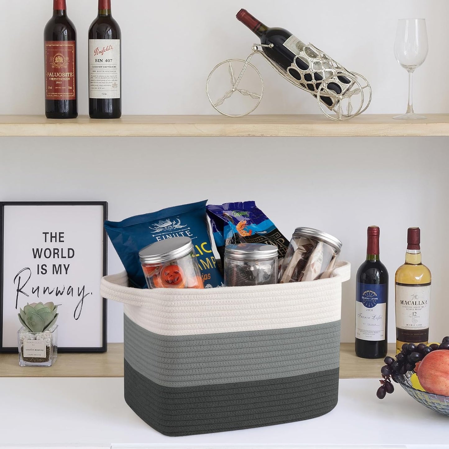 OIAHOMY Storage Basket, Woven Baskets for Storage, Cotton Rope Basket for toys,Towel Baskets for Bathroom - Pack of 3, Gradient Dark Gray