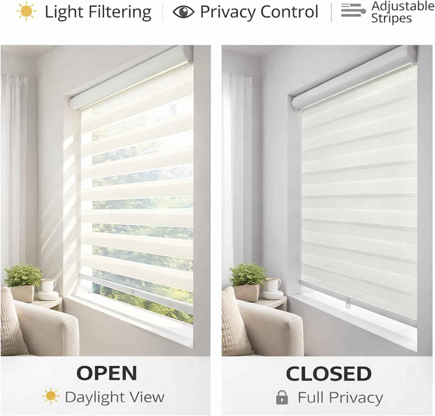 ShadesU Cordless Zebra Blinds – Light Filtering Dual-Layer Window Shades for Privacy (White Color) (Maximum Height 72") (Width 34")