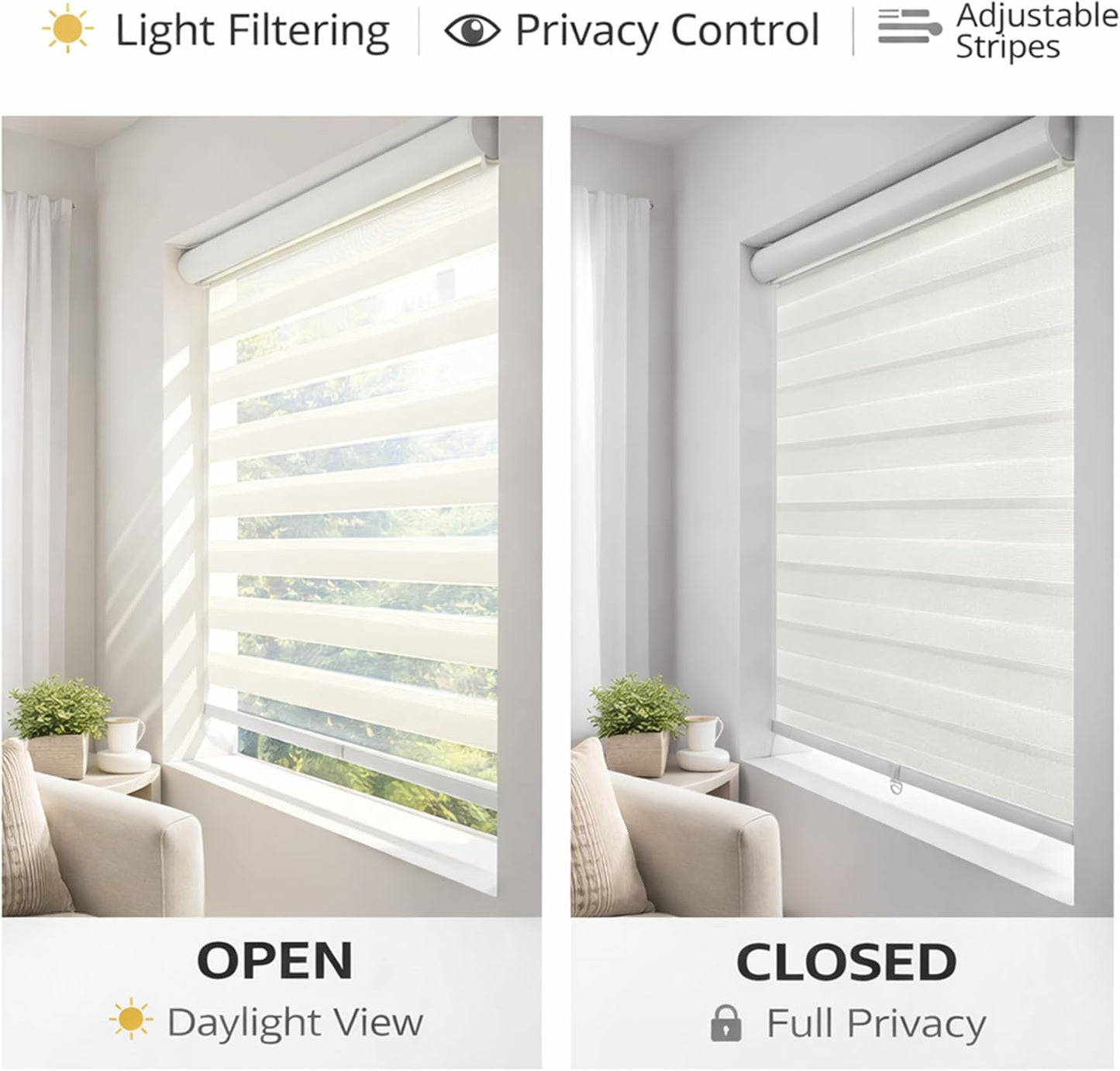 ShadesU Zebra Blinds – Light Filtering Dual-Layer Window Shades for Privacy (White Color) (Maximum Height 72") (Width 74")