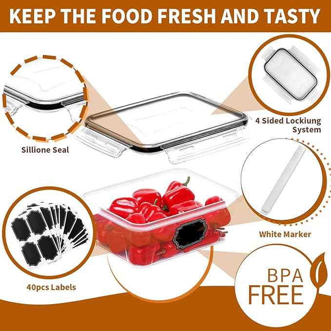 PRAKI 48 Pack Food Storage Containers with Airtight Lids (24 Containers & 24 Lids), Kitchen storage containers for Pantry Organizers and Storage, Meal Prep Container with Labels & Marker