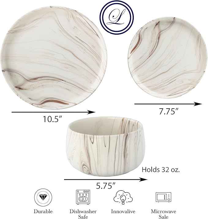 Lorren Home Trends Shiny Marble Pattern Dinnerware Set, 12 Piece Service for 4, Microwave and Dishwasher Safe