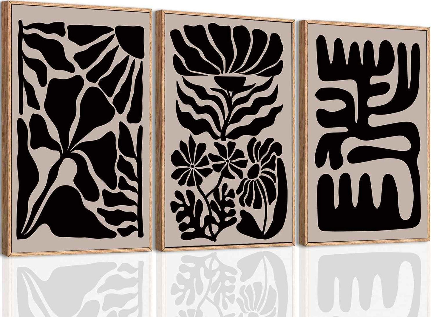 Large Black Boho Wall Art Framed Black Floral Design Artwork Abstract Wall Decor Vintage Wall Painting for Living Room Bedroom Bathroom 24x36 Inch Set of 3