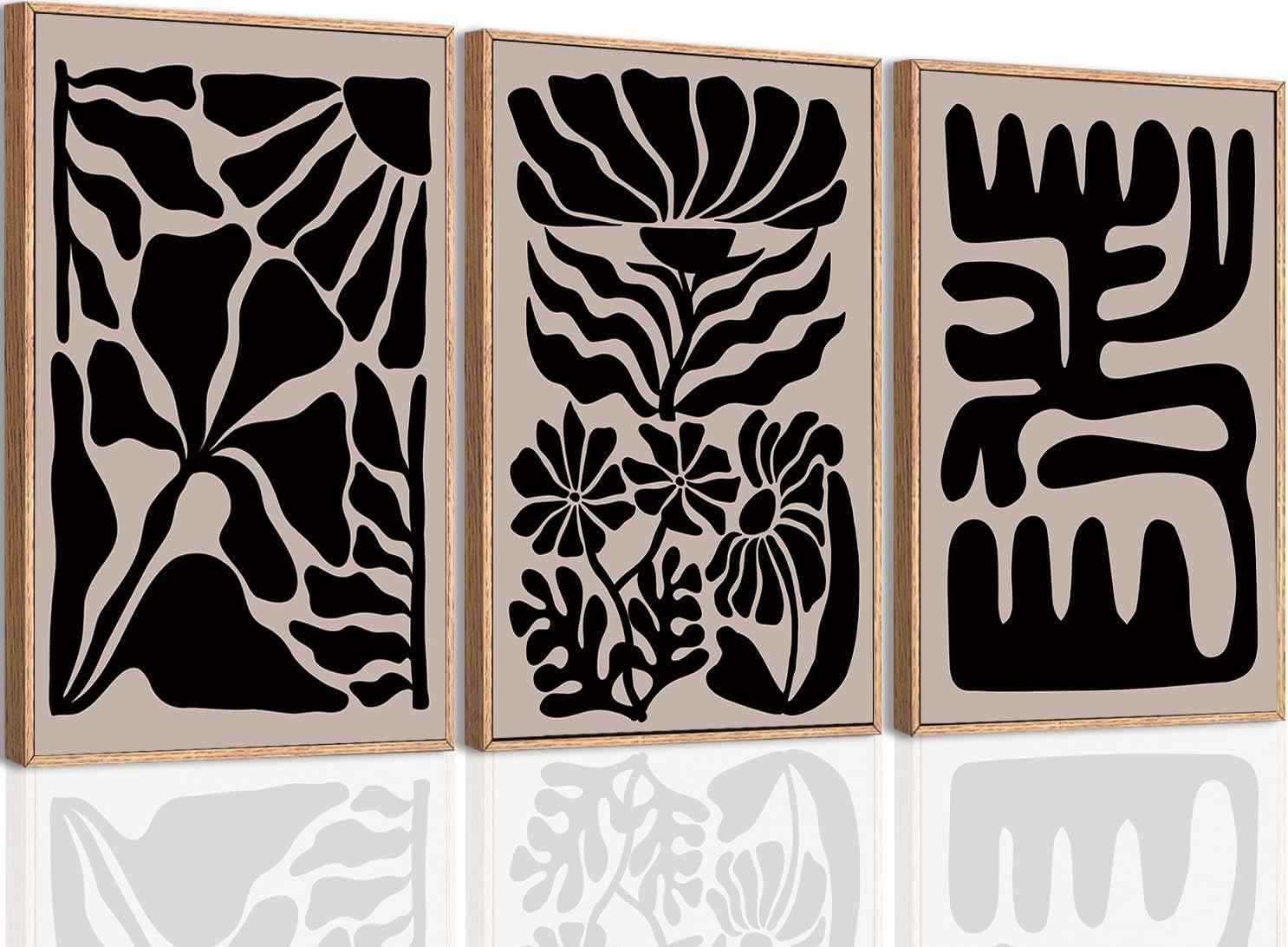 Large Black Boho Wall Art Framed Black Floral Design Artwork Abstract Wall Decor Vintage Wall Painting for Living Room Bedroom Bathroom 24x36 Inch Set of 3
