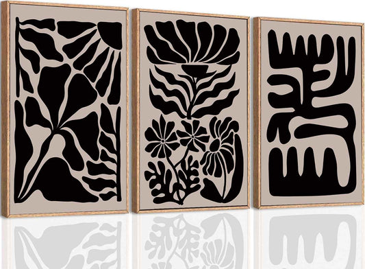 Large Black Boho Wall Art Framed Black Floral Design Artwork Abstract Wall Decor Vintage Wall Painting for Living Room Bedroom Bathroom 24x36 Inch Set of 3