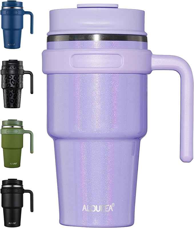 20 oz Insulated Coffee Mug Tumbler with Handle, Stainless Steel Travel Mug Tumbler with Lid and Straw, Double Wall Vacuum Leak Proof Ice Coffee Thermal Cup, Lavender Glitter