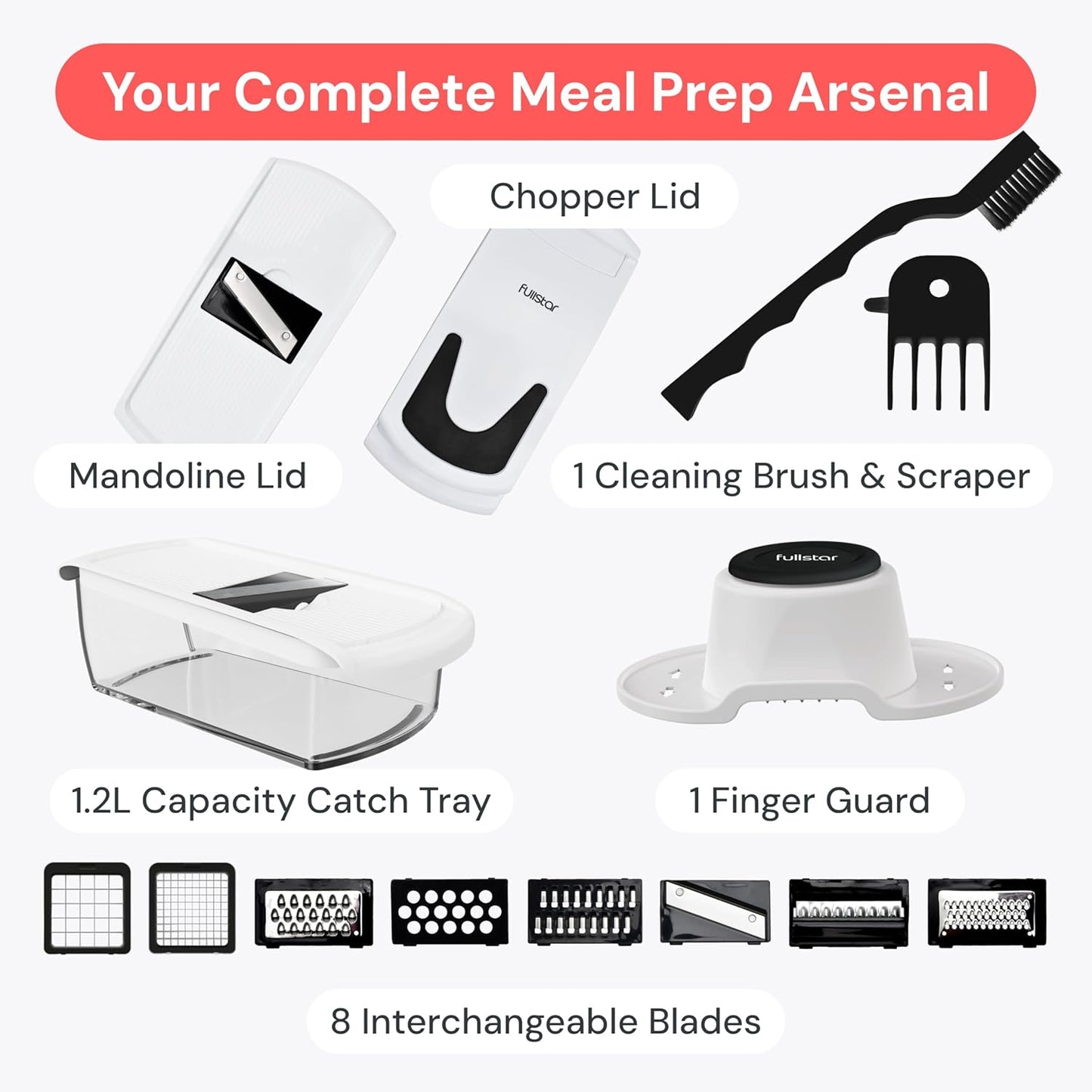 Fullstar All in One Vegetable Chopper and Mandoline Slicer - Food Chopper with Container and Julienne Slicer, Fruit Slicer, Veggie Cutter, Kitchen Gadgets & Gift for Mom (8 in 1, White)