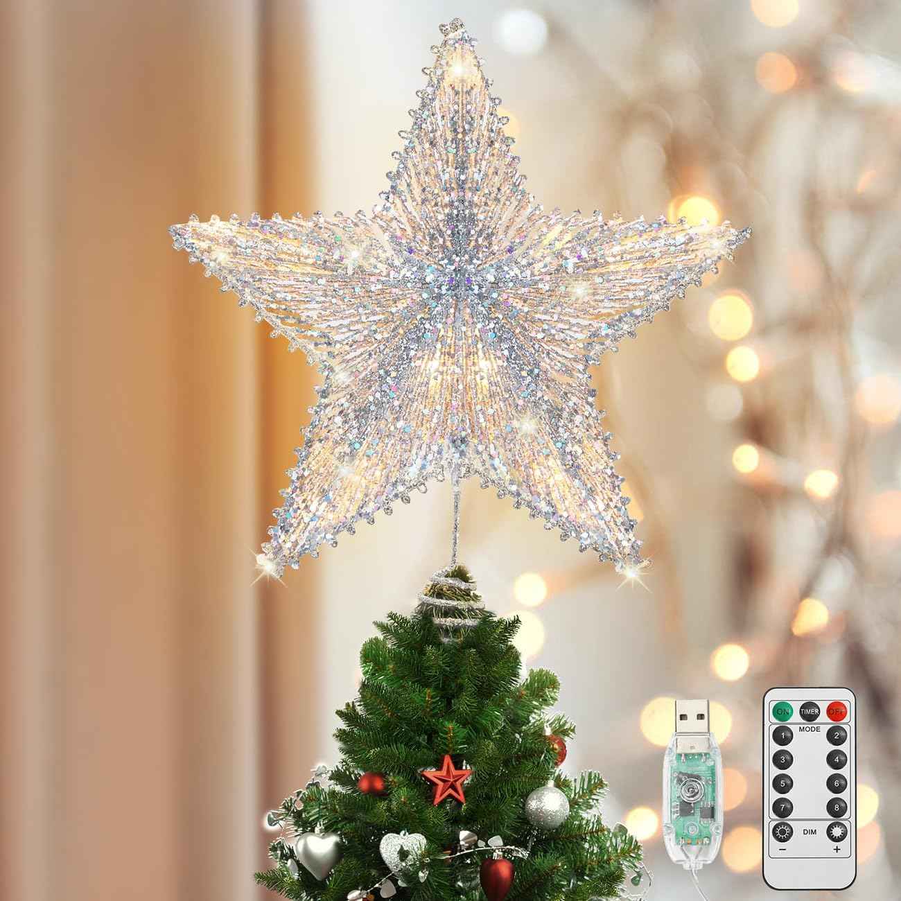 Luxspire Christmas Tree Topper, 3D Lighted Christmas Tree Star with Remote & USB, Star for Christmas Tree Top, 9.8" Xmas Star for Holiday Decorations, 6H Timer & 8 Lighting Modes, Silver