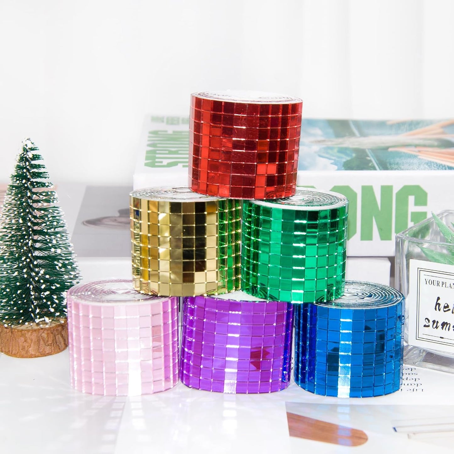 Self Adhesive Mosaic Tiles, 3200 Pieces Disco Ball Tiles, 5 x 5 mm Glass Mirror Mosaic Tiles, Square Mirror Tiles Sticker for DIY Vase, Art Collage, Photo Frames, Home Party 2 Rolls (Rose Gold)