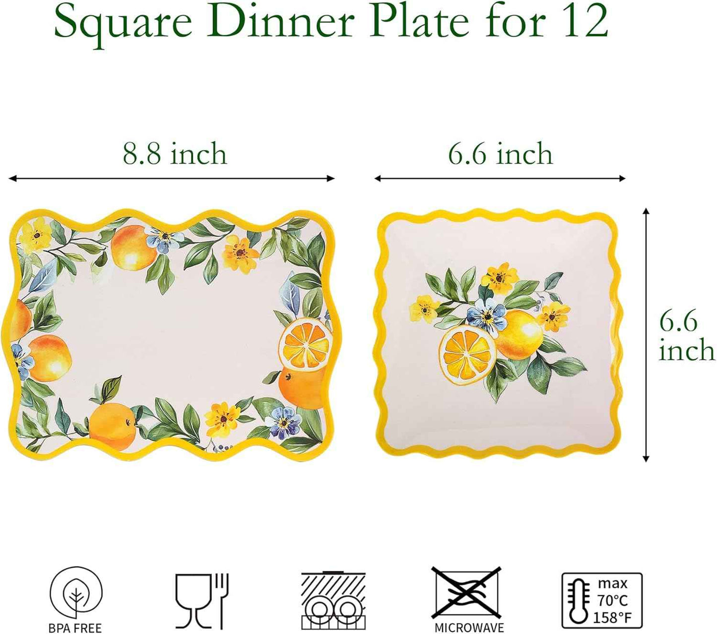 6.6 Inch Square Plates & 8.8 Inch Rectangle Plates, Melamine Dinnerware Set for RV, Camping, Outdoor, Lemon Design, 12 Pcs, Lightweight & Durable
