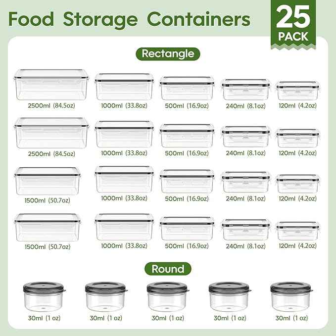 KEMETHY 50-Piece Food Storage Containers with Lids(25 Containers & 25 Lids), Plastic Food Containers for Pantry & Kitchen Storage and Organization, BPA-Free, Leak Proof, Reusable with Labels & Pen