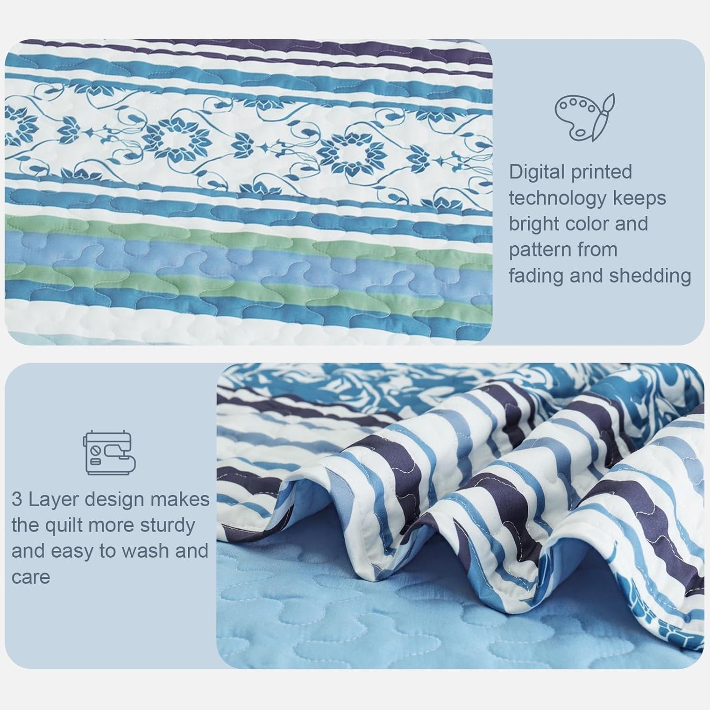 Exclusivo Mezcla Reversible Boho Quilt Set Queen Size, 3 Pieces Bohemian Striped Blue All Season Bedspreads, Ultra Soft Floral Coverlet Bedding Set with Printed Pattern (1 Quilt, 2 Pillow Shams)