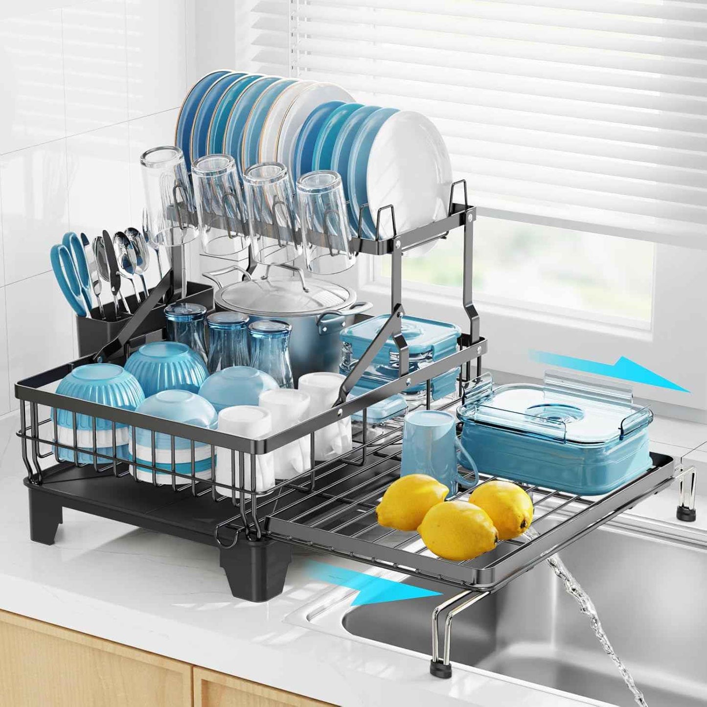 GSlife Large 2 Tier Dish Drying Rack, Expandable Heavy-Duty Dish Rack for Kitchen Counter, Rust-Resistant Dish Drainer with Utensil & Cup Holder, Auto-Drain, 16.9" W x 14.4"-22.4" L, Black