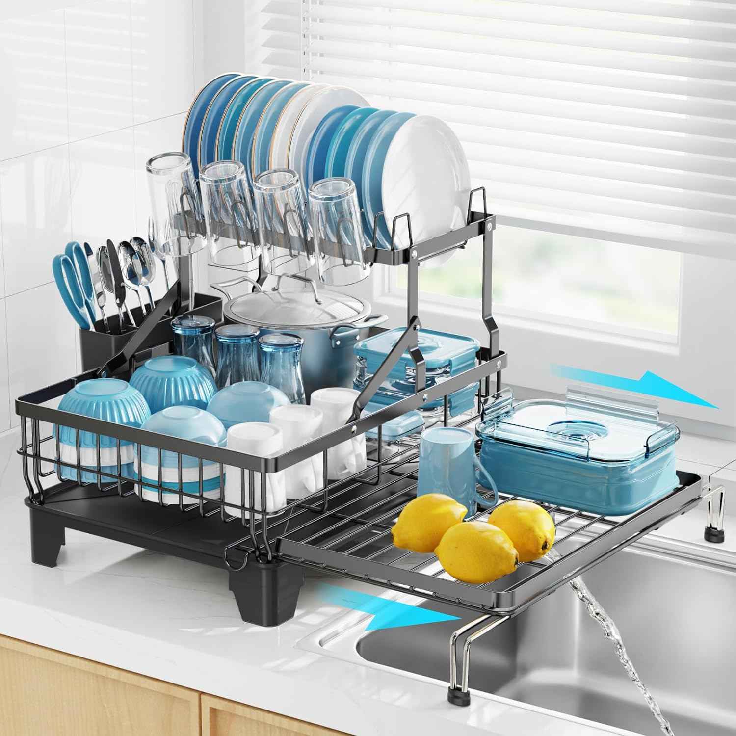 GSlife Large 2 Tier Dish Drying Rack, Expandable Heavy-Duty Dish Rack for Kitchen Counter, Rust-Resistant Dish Drainer with Utensil & Cup Holder, Auto-Drain, 16.9" W x 14.4"-22.4" L, Black