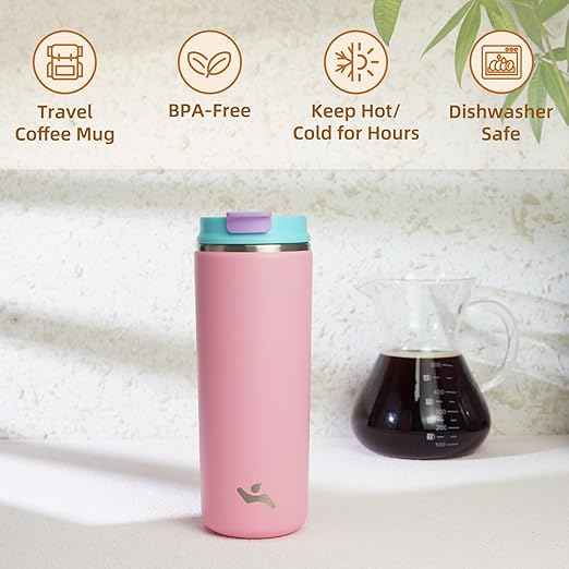 Konokyo Tumbler with Lid, 16 oz Travel Coffee Mug Double Wall Vacuum Stainless Steel Thermal Metal Cup Insulated Water Bottle,Pink