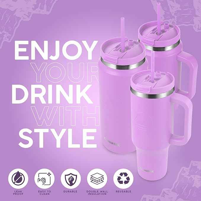 FAHRMOSIS 40 Oz Tumbler with Handle and Straw Insulated Cup that Fits in Cup Holder for Hot & Cold Drinks Leak Proof Tumbler with Straw Stainless Steel Travel Mug for Men & Women - Lavender