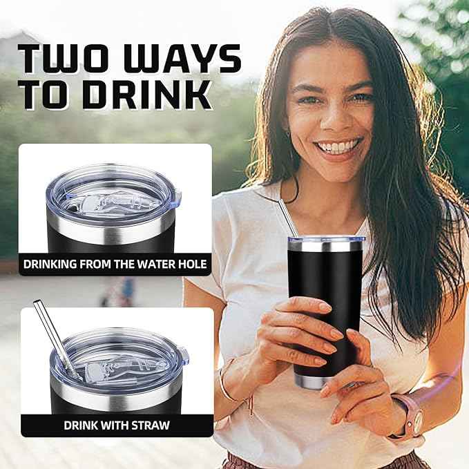 20 oz Tumbler with Lids and Straws, Stainless Steel Insulated Travel Coffee Mug, Double Wall Vacuum Insulated Tumblers, Powder Coated Coffee Tumbler for Cold & Hot Drinks (Black,4pack)