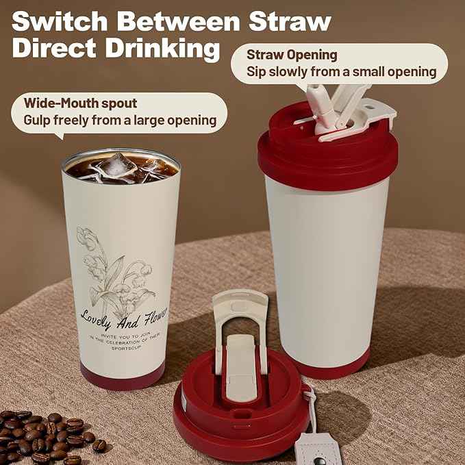 Insulated Coffee Tumbler 17.9oz 530ml Travel Coffee Mug 316 Stainless Steel Dual Drink Openings Leakproof Lid Reusable Insulated Coffee Mug Hot and Cold Ideal Travel Mug for Coffee Lover Daily