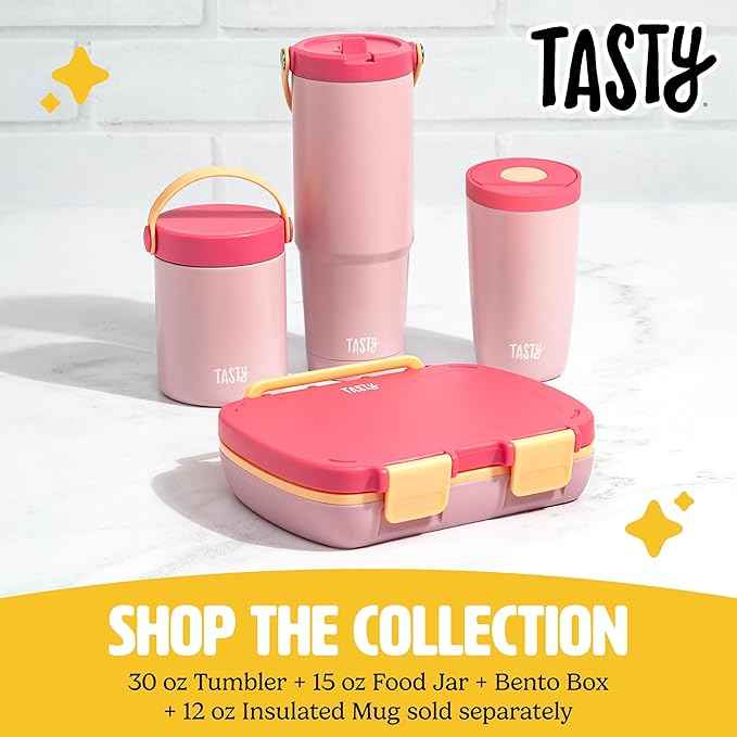 Tasty 12oz Insulated Stainless Steel Push Mug, Leak-Proof Lid with One-Hand Open/Close Button, Travel Coffee Cup, Double Wall Vacuum Flask, Pink