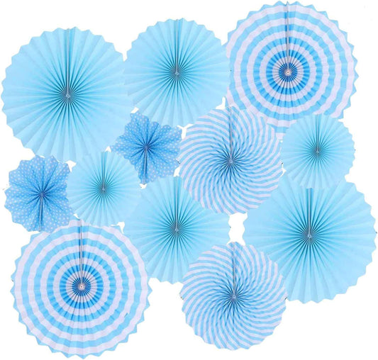 12PCS Light Blue Party Decorations, Hanging Paper Fans Party Set Round Pattern Paper Garlands Decoration for Baby Boy Shower Boy Birthday Graduation Bachelorette