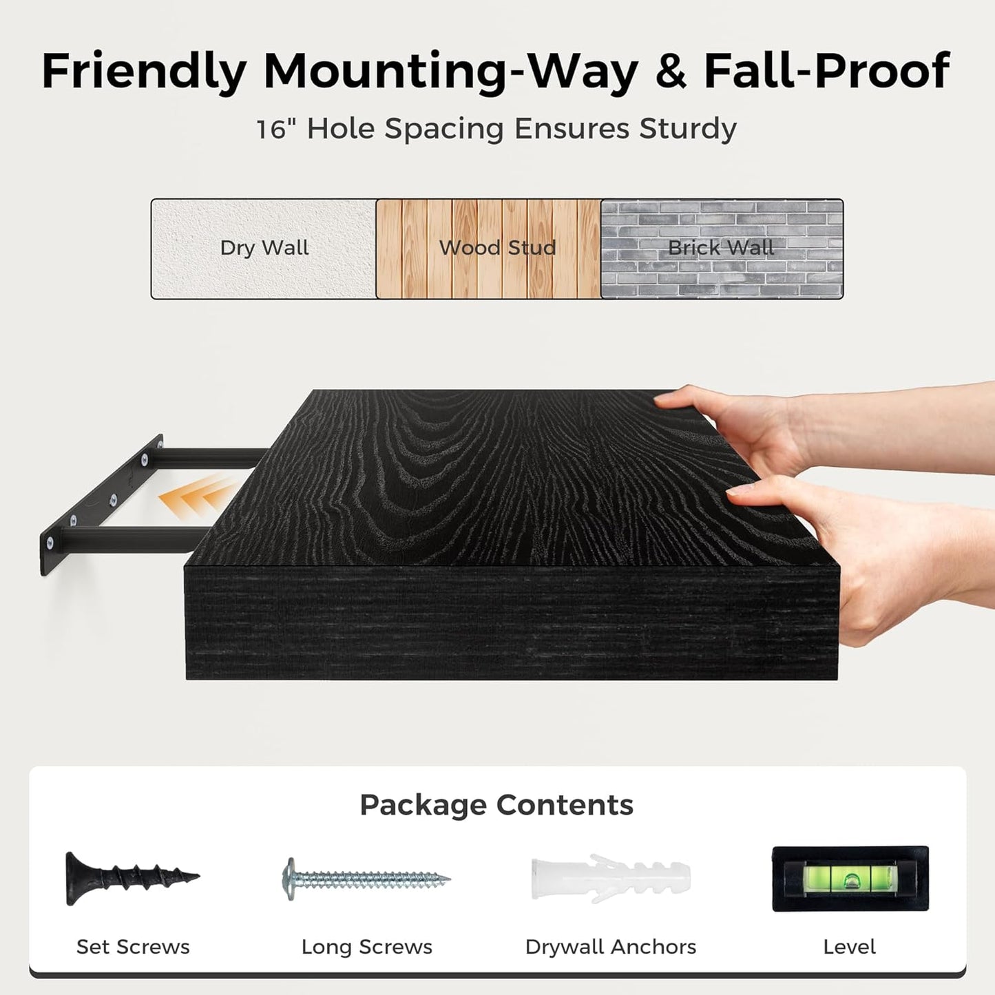 12 Inch Deep Black Floating Shelves, 16 x 12 Floating Shelf for Books, Rustic Wood Deep Wall Shelves for Home Storage & Display, 2" Thicked Shelves for Kitchen, Living Room, Bedroom, 2 Pack