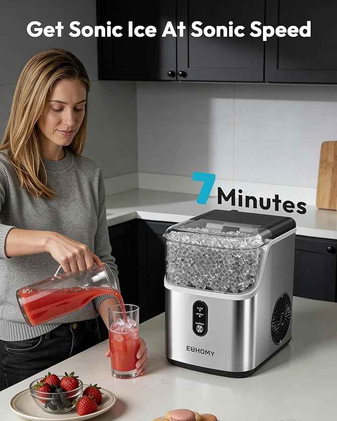 EUHOMY Nugget Ice Maker Countertop, Ready in 7 Mins, 34Lbs/24H Pebble Ice Maker Machine, Self-Cleaning Countertop Sonic Ice Makers with Ice Scoop&Basket, Pellet Ice Maker for Home, Stainless Steel